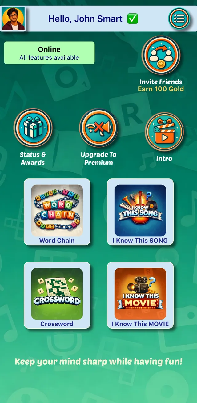 WordGallery home screen with four game modes